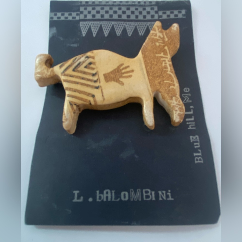 Vintage CAT BROOCH Handmade Polymer Clay tribal 90s Maine artist Laura Balombini